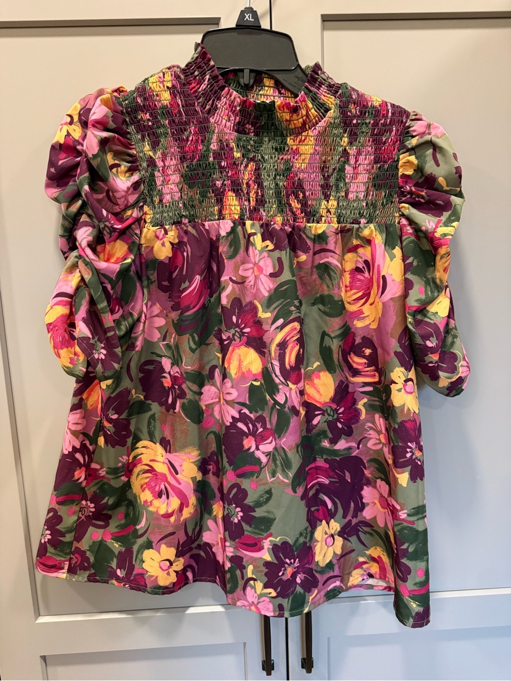 THML Floral Smocked Puff-Sleeve Top in Pink, Green & Yellow